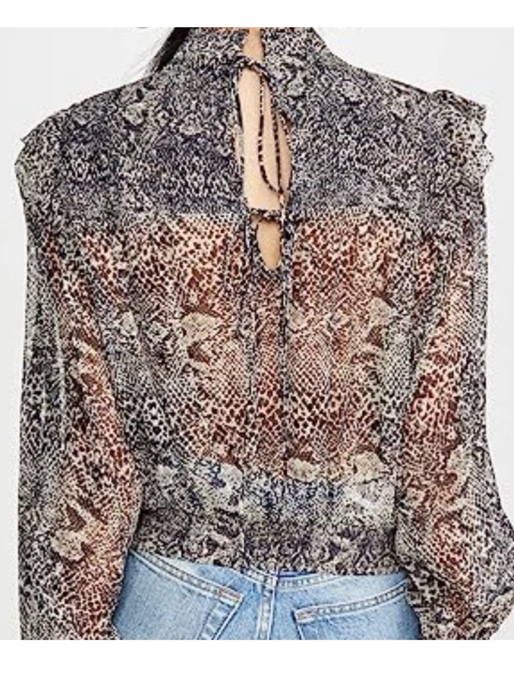 Free People Roma Snakeskin Print Smocked High Neck Blouse Size L - Picture 2 of 9
